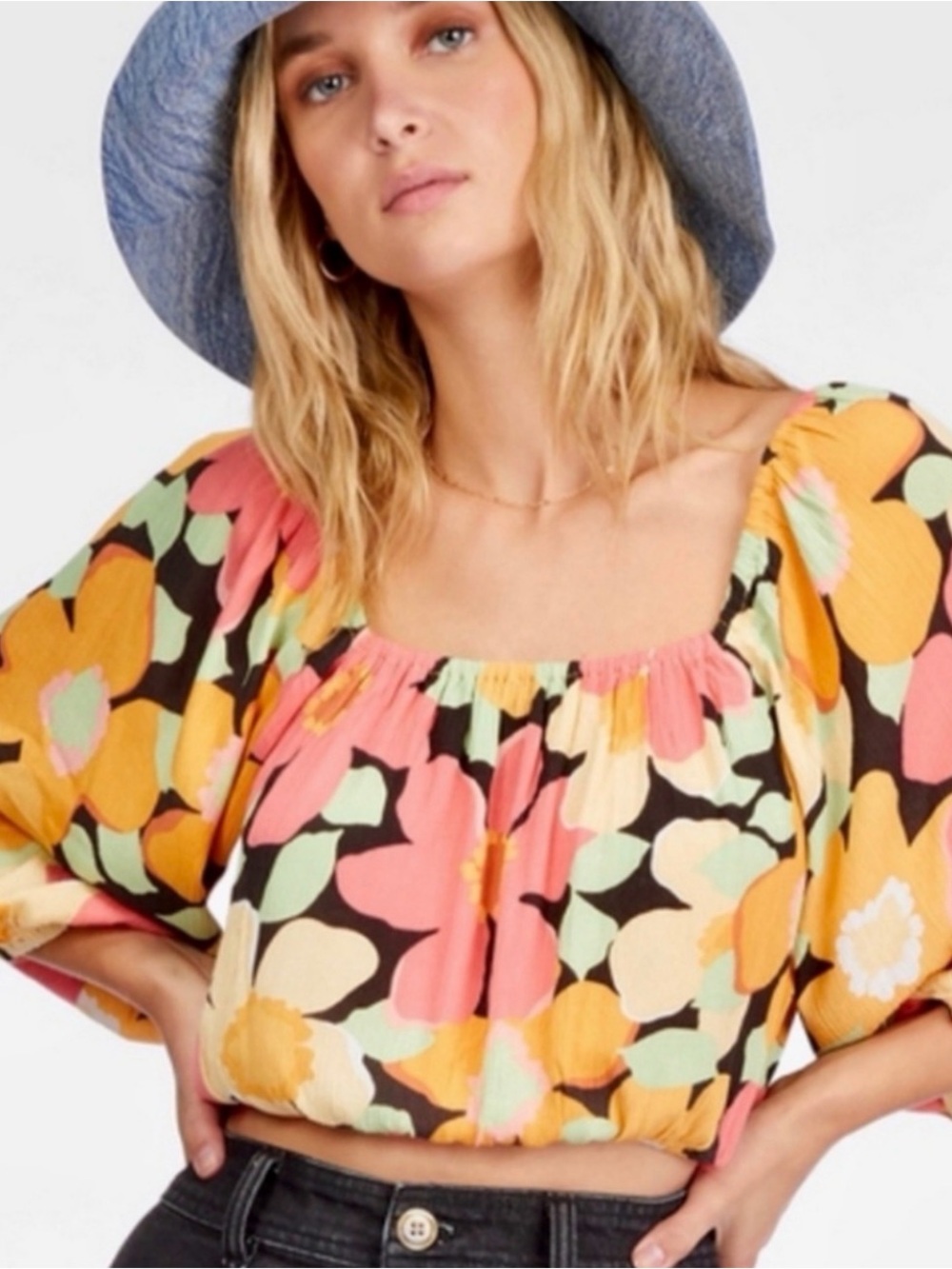 Billabong Sun City Floral Square-Neck Crop Top, Large, NWT